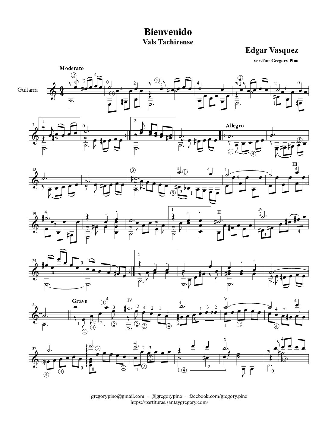 Bienvenido, E. Vásquez, para guitarra