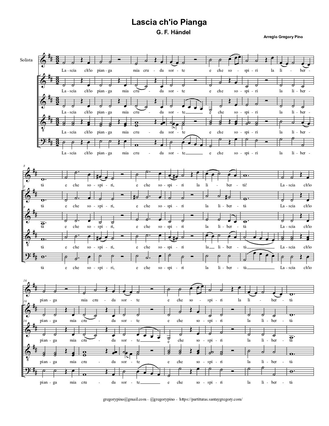 Lascia Ch\'io pianga - G. F. Haendel - versión para coro mixto y solista