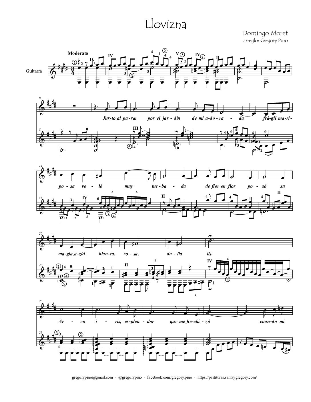Llovizna, Domingo Moret, para guitarra y voz