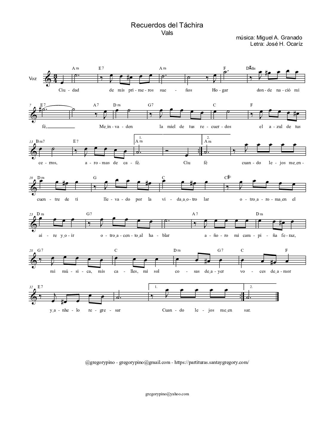 Recuerdos del Táchira, M. Granado - melodía en Am