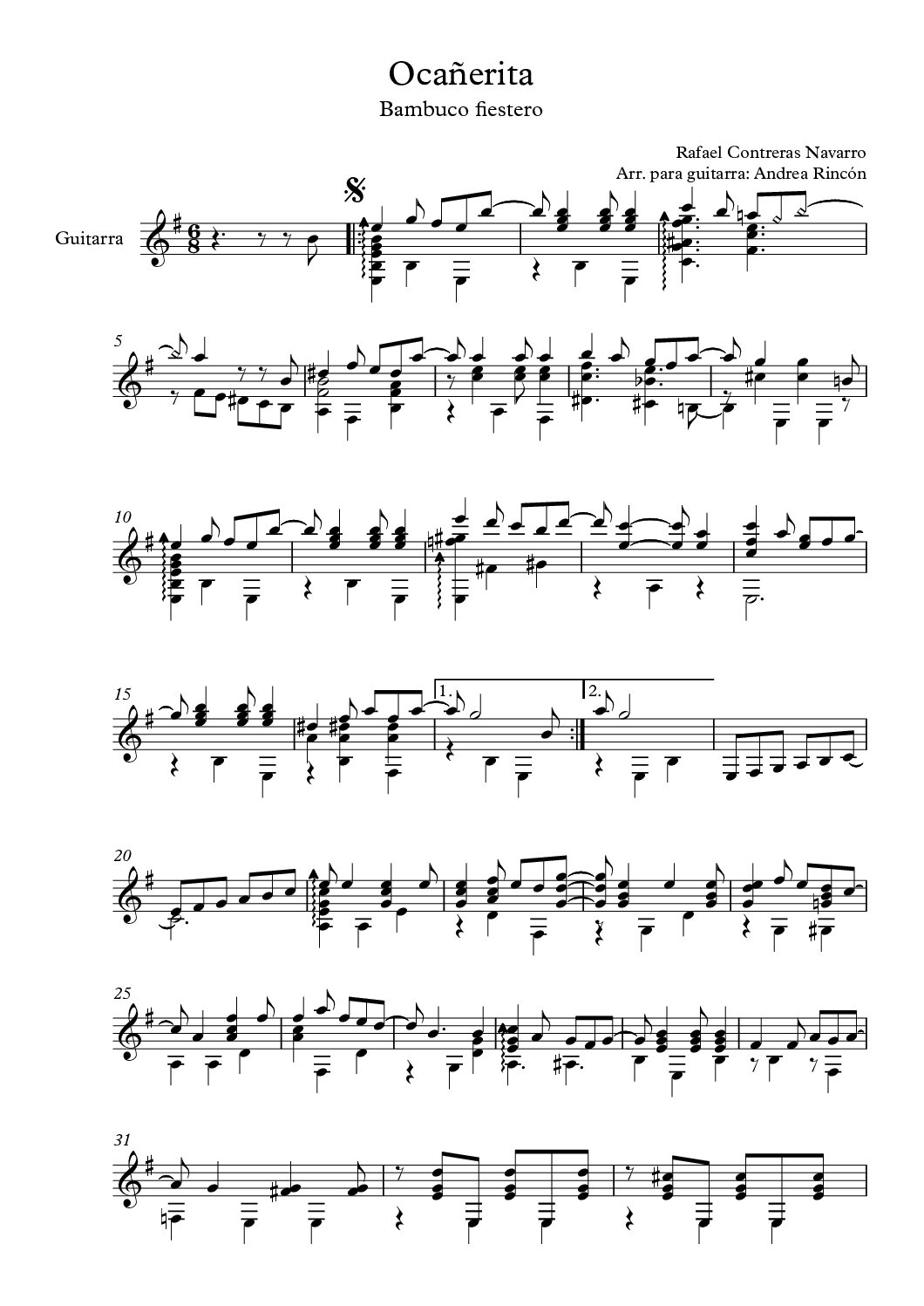 Ocañerita - arreglo para guitarra